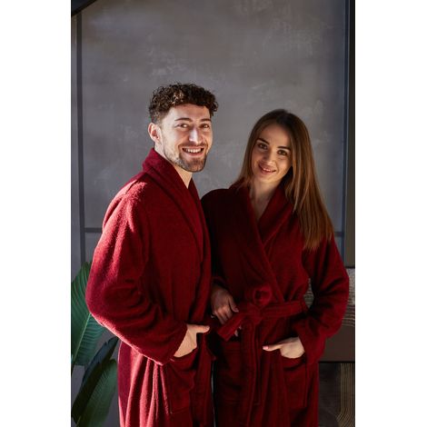 Unisex-Frotteebademantel mit Taschen, 100 % Baumwolle, bordeauxrot, Größe M (1/5)