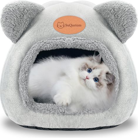 Niche pour chat - Lavable - Doux et confortable - Tente - Litière pour chat - Lit apaisant pour chats et petits chiens (gris) (1/5)