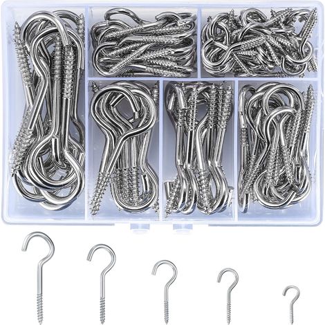 115 Pièces Crochets à Visser, Crochets de Plafond en Métal, Crochets de Tasse pour Plantes Suspendues Extérieur et Intérieur - 5 Tailles, Argent (1/5)