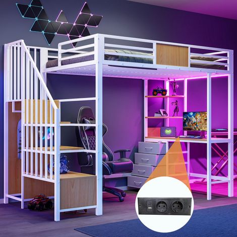 Lit mezzanine, métal, lit simple, 90x200 cm, lit multifonctionnel, avec bureau, compartiments de rangement, penderie, LED et prise électrique, blanc