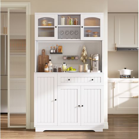 Vitrinenschrank mit Tür, Küchenschrank, Hochschrank, verstellbaren Einlegeböden, Lochblech, Weiß, 103.5× 40 × 180 cm (1/4)