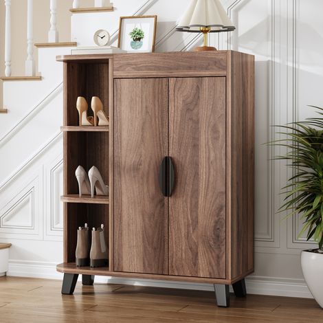 MODFU – Scarpiera stretta 80x32x99 cm in pannelli con nicchie aperte, vano chiuso, portata 31 kg e aspetto noce – Noce (1/5)