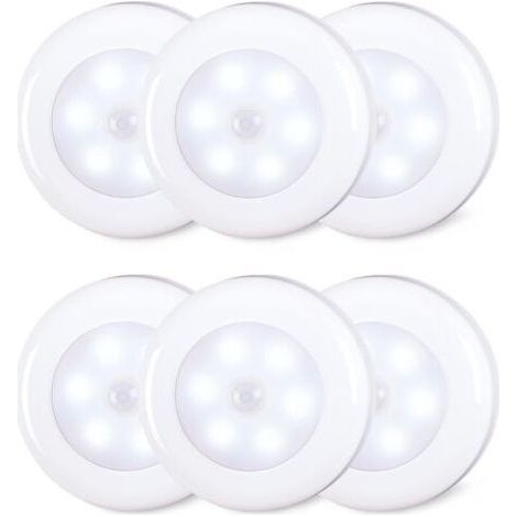 Confezione da 6 LED lights with motion sensor of 8 cm per interior, powered by AAA battery, adesive per scale, sottopensili, armadi, bianco freddo (1/4)
