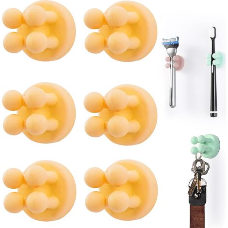 Lot de 6 Supports de Brosse à Dents en Silicone Multifonction - Porte-Rasoir Étanche - Auto-adhésif Mural - Fixation Mur ou Verre - Idéal pour Salle de Bain, Cuisine, Salon, Bureau (Jaune)