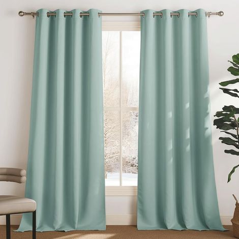 Lot de 2 Rideau Occultant Thermique Isolant Anti Froid et Chaleur 140x244 (lxH) Tenture Opaque à Oeillets Isolation Lumiere Uv Decoration Chambre Maison Salon Intérieurs, Vert Clair (1/5)