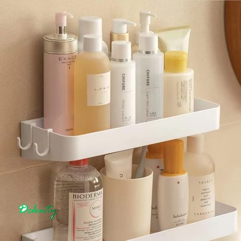 Lot de 2 Etagère Douche, Serviteur de Douche Sans Perçage, Etagere Murale avec 6 Crochets Amovibles, pour Salle de Bain, Cuisine, Blanc (1/4)