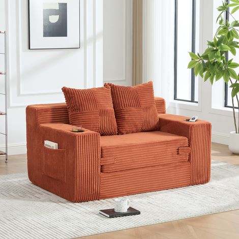 Canapé-lit 2 places en tissu effet cachemire avec pouf décoratif 2 coussins porte-gobelet poches latérales de rangement style moderne nordique orange (1/5)