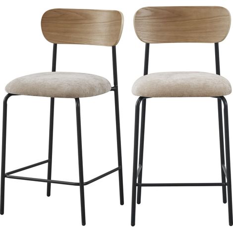 Lot de 2 chaises de bar bois clair tissu et métal H65cm - Beige - Jess (1/5)