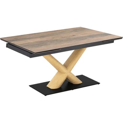 Table extensible 160 à 240 cm céramique effet bois pied central X plaqué bois clair - TEXAS 13 (1/5)