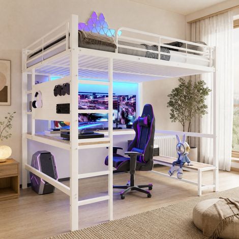 MEUBLIV Letto a soppalco 140x200 cm bianco – scrivania, LED e USB-C, senza materasso (1/5)