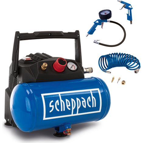 Scheppach Compresseur d'air HC06 - 1200 W - Sans huile - Cuve 6 L - Pression 8 bar - Puissance d'aspiration 200 L/min - Compresseur d'air mobile et compact - Set d'accessoires
