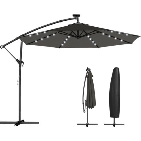 Ampelschirm LED Solar ca. Ø300 cm Drehbar Sonnenschirm mit Kurbel Ständer Schutzhülle Dunkelgrau