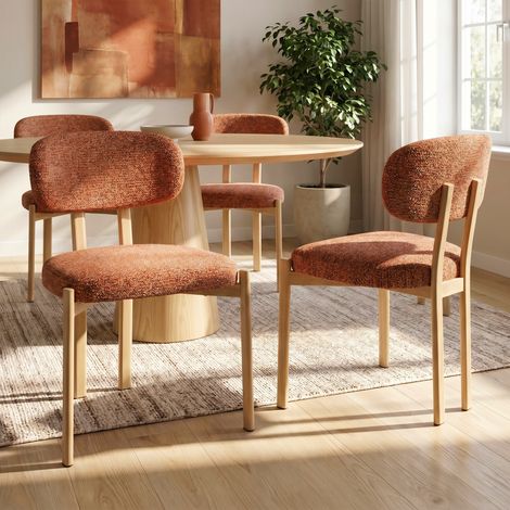Lot de 4 chaises style scandinave tissu chenille terracotta pieds métal effet chêne MIA (1/5)