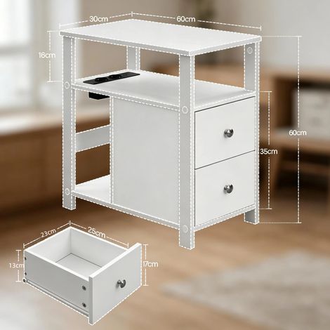 Tavolino laterale 60x30x60 cm bianco in legno con presa elettrica e 2 cassetti (1/3)