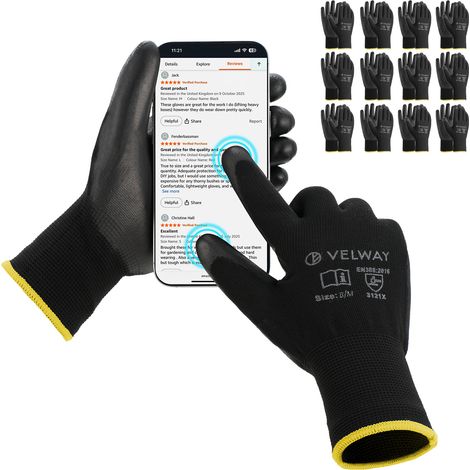 Velway Gants Travail 12 Paires - Revêtement PU Antidérapant Jardinage Bricolage - Taille 8/M (1/5)
