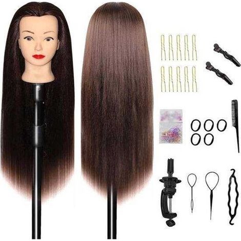 Cabeza de práctica de fibra resistente al calor. Adecuada para pelucas. Incluye diadema de barbero y soporte. Kit de peinado DIY (rojo y negro).