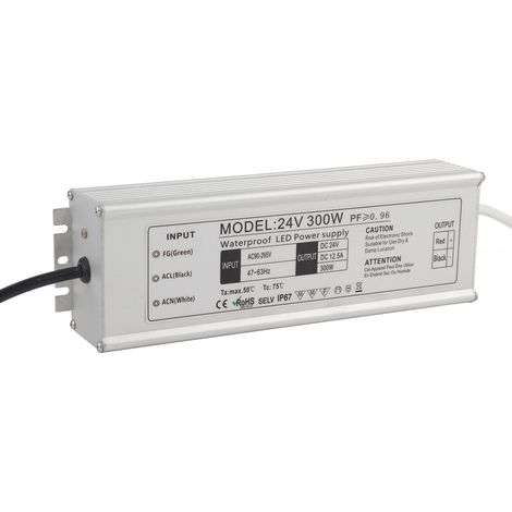 Alimentation LED étanche IP67 300W, transformateur 24V 0‑12.5A, prise EU AC100‑265V, adaptateur à tension constante