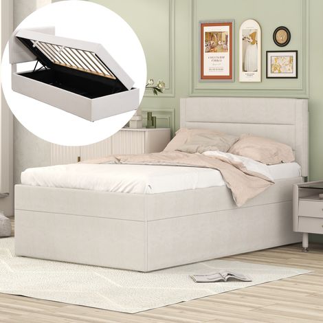 Letto singolo con contenitore 90x200cm - Letto con cassettone, rete a doghe in legno, tessuto lino, letto imbottito - Beige