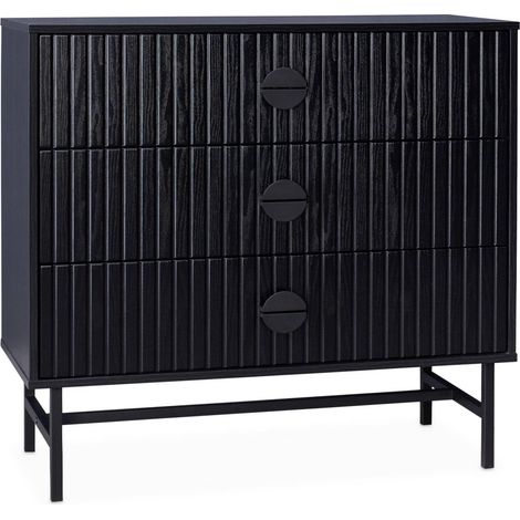 3-drawer chest with a wooden-effect and black grooves Black 90x39x83 cm - Bazalt (1/5)