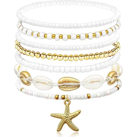 Lot de 7 bracelets bohèmes pour femmes, coquillage et étoile de mer, perles de riz, fermoir ajustable, accessoire de plage et vacances (1/5)