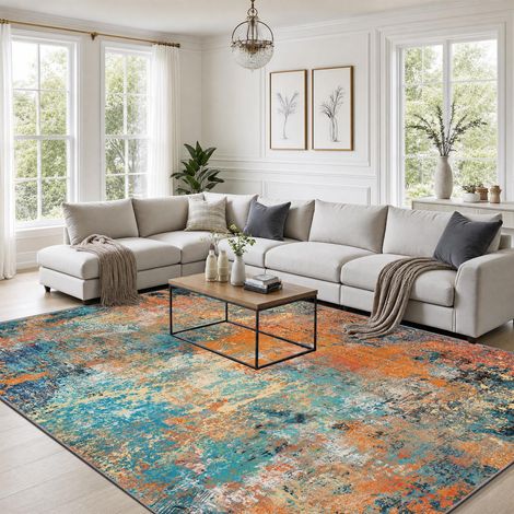 Grand tapis de salon moderne, bleu, jaune, lavable, 200 x 300 cm (1/5)