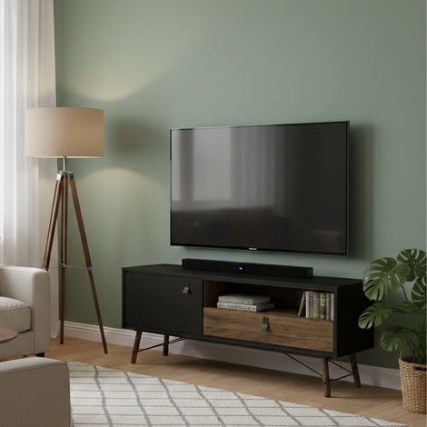Dmora - Mueble de televisión Yvette, Aparador de salón, Mueble bajo para TV, Base de pared equipada, 150x40 h60 cm, Negro y Nogal (1/5)
