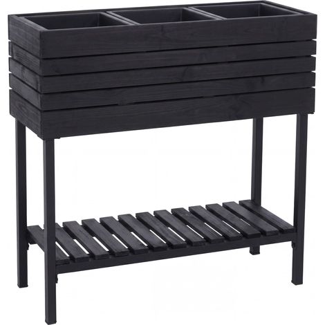 [JAMAIS UTILISÉ] Jardinière sur pied HHG-459, bac à fleurs, jardinière, pot de fleurs, meuble de rangement d'extérieur en bois d'acacia MVG 79 x 80 x 31 cm, noir