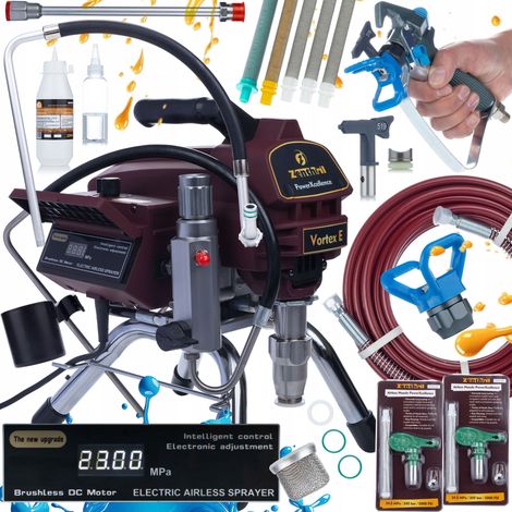 Zenthril Vortex E PowerXcellence – Airless Farbspritzgerät 3000 W, 20 MPa, 3,5 l/min, max. 0,021" Düse Elektronische Druckregelung Set mit Pistole & Zubehör