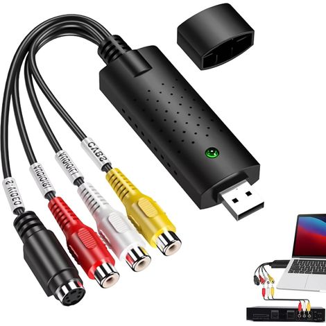 Convertisseur VHS vers Numérique, Video Grabber USB 2.0, Carte de Capture Vidéo Audio Hi8 VHS vers DVD avec Connecteurs RCA/S-Video, Compatible Windows XP/7/8/10 et Mac pour Cassette Vidéo, PC, DVD (1/5)