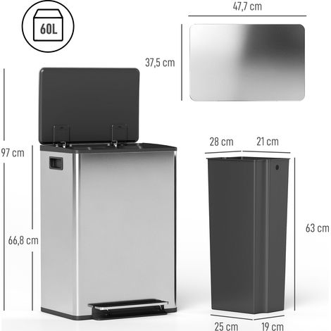 Mülleimer mit 2x30L Fächern, Soft-Close-Deckel, Fingerabdrucksicher, Edelstahl, Silber (1/5)