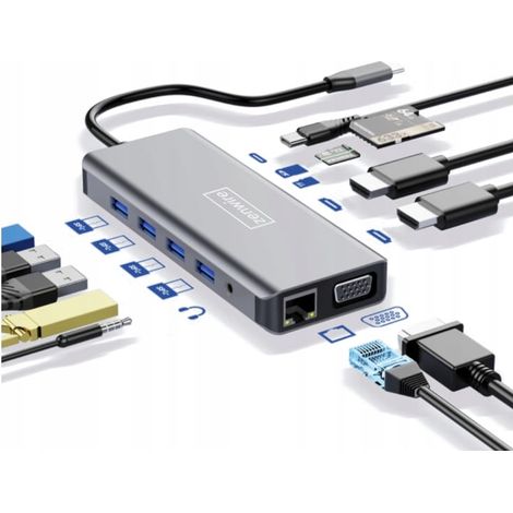 12-in-1-Adapter-Hub mit USB-C, 2x HDMI, VGA, USB 3.0, Gigabit-Ethernet, BYL-2006RJ-45-Miniklinkenanschluss, SD-Kartenleser und LAN-Anschluss (Zenwire)