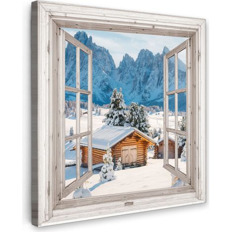 TABLEAU SUR TOILE Paysage d'hiver - Chalet - Montagnes - Vues - vista - Nature Tableau Chambre Adulte 90x90 cm
