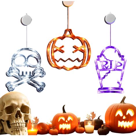 Luci LED Finestra Ventose Halloween Zucca Teschio Tomba 3 Pezzi (1/4)