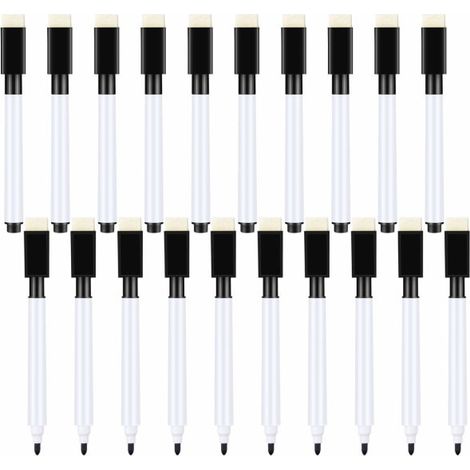 KLVGTIFS PU - Lot de 20 petits feutres pour tableau blanc - Feutres noirs pour tableau blanc sec avec gomme - Pointe fine - Idéal pour les enfants (Noir) (1/5)