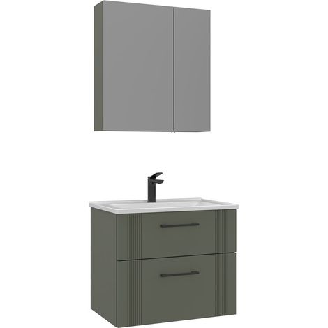 Waschtisch-Set mit Spiegel (2-teilig) "Bari 65 v2" – 65 x 45 x 55 cm – Mattgrün (1/3)