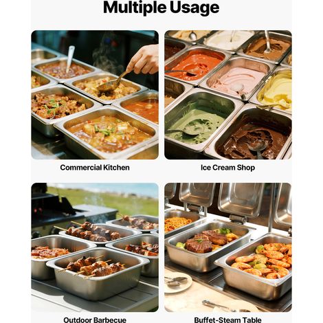 VEVOR 2 Pack Stainless Steam Hotel Pans, 1/2 Size Table Steam Pans With Lids, 6 Inch Deep, Anti Jam Restaurant Supplies Reusable Catering Storage for Home, Party, Restaurant, Hotel, Buffet (1/4)