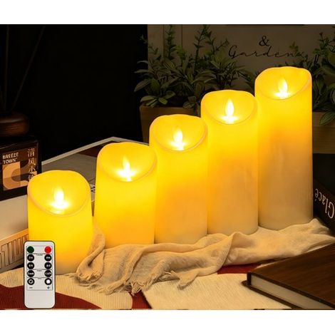 Lot de 5 bougies d'extérieur étanches avec lumière LED, sans fil et sûres, 7,5 x 10, 12,5, 15, 17,5, 20 cm, bougie LED clignotante, minuterie et fonctionne sur piles (1/4)