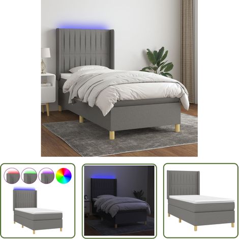 The Living Store Sommier à lattes de lit matelas LED Gris foncé 90x190cm Tissu - Sommier Tapissier - Lit Plateforme - Lit Avec Rangement - Tête De Lit Ajustable - Éclairage Led (1/5)