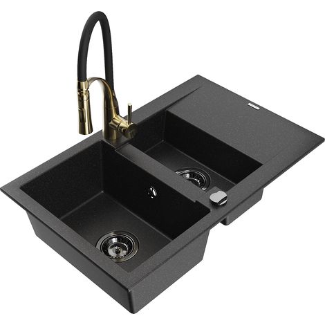 Mexen Gaspar Granitspüle 1,5-beckig mit Abtropffläche und Küchenarmatur Aster, schwarz/silber - 6507-73-73450-57-B (1/5)