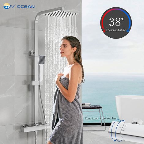 Kit doccia con grande soffione 25x25cm, doccetta e miscelatore termostatico quadrati, colonna doccia regolabile 73-118cm, cromato