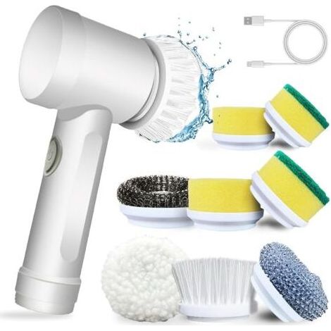 Brosse de Nettoyage électrique, Handheld Spin Scrubbe, épurateur électrique avec 5 têtes de Brosse, kit de Nettoyage Automatique pour Baignoire, Cuisine, carrelage, fenêtre, Baignoire, Vaisselle, Blan (1/5)