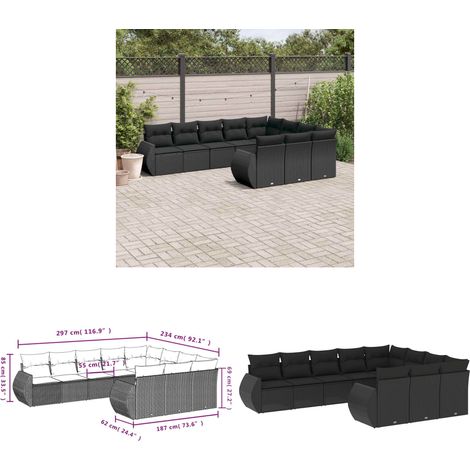 10-tlg. Garten-Sofagarnitur mit Kissen Schwarz Poly Rattan - Gartenmöbel Set - PE-Rattan Möbel - Outdoor Lounge - Esszimmergarnitur - Balkonmöbel - Home & Living (1/3)