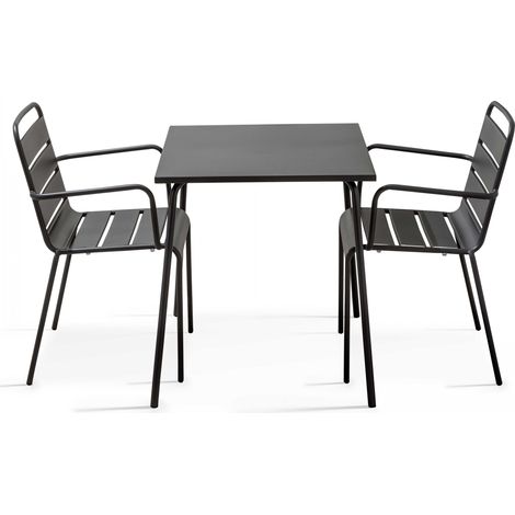 Oviala – Ensemble table de jardin carrée 2 places en acier thermolaqué – Finition époxy anti-rouille – Dimensions table 70x70cm – Fauteuils empilables (1/5)
