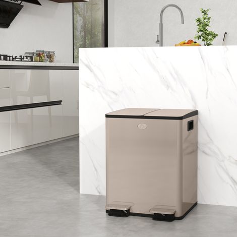 Poubelle de cuisine 2 compartiments de 2 x 20L, acier inoxydable, couvercle à fermeture douce, 45,8x36x51,6cm, or (1/5)