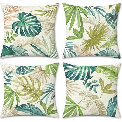 Housses de Coussin Feuilles Tropicales 45x45 cm, Lot de 4 Feuille de Palmier Vert Jaune Extérieur Polyester Taie d'oreiller Decoratif pour Canapé Salon Jardin (1/5)