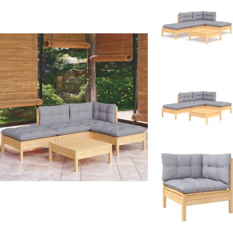 5-tlg. Garten-Lounge-Set mit Grauen Kissen Kiefernholz - Garten Lounge Set - Kiefernholz Möbel - Outdoor Furniture - Loungesessel - Gartengeräte (1/5)