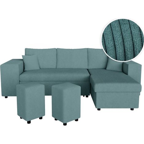 Canapé d'angle réversible MADY avec coffre, rangement poufs à gauche en velours côtelé bleu clair (1/5)