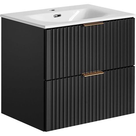Waschtischunterschrank mit Waschbecken 60cm ADELAIDE-56-BLACK in matt schwarz mit gerillter Front, B/H/T ca. 61/58,5/46 cm (1/5)