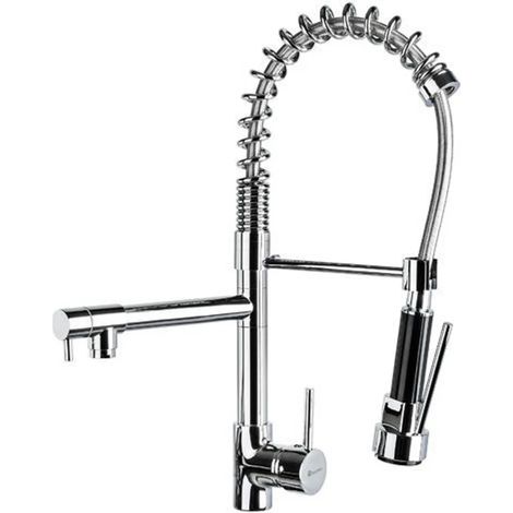 Robinet de cuisine professionnel DEWINNER avec 2 sorties d'eau et douchette extensible - Argent