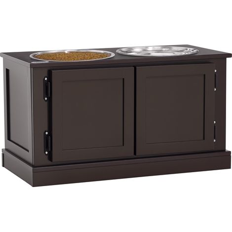 Station d'alimentation avec gamelles surélevées et espace de rangement, 60 cm x 30 cm x 34 cm, marron et argent